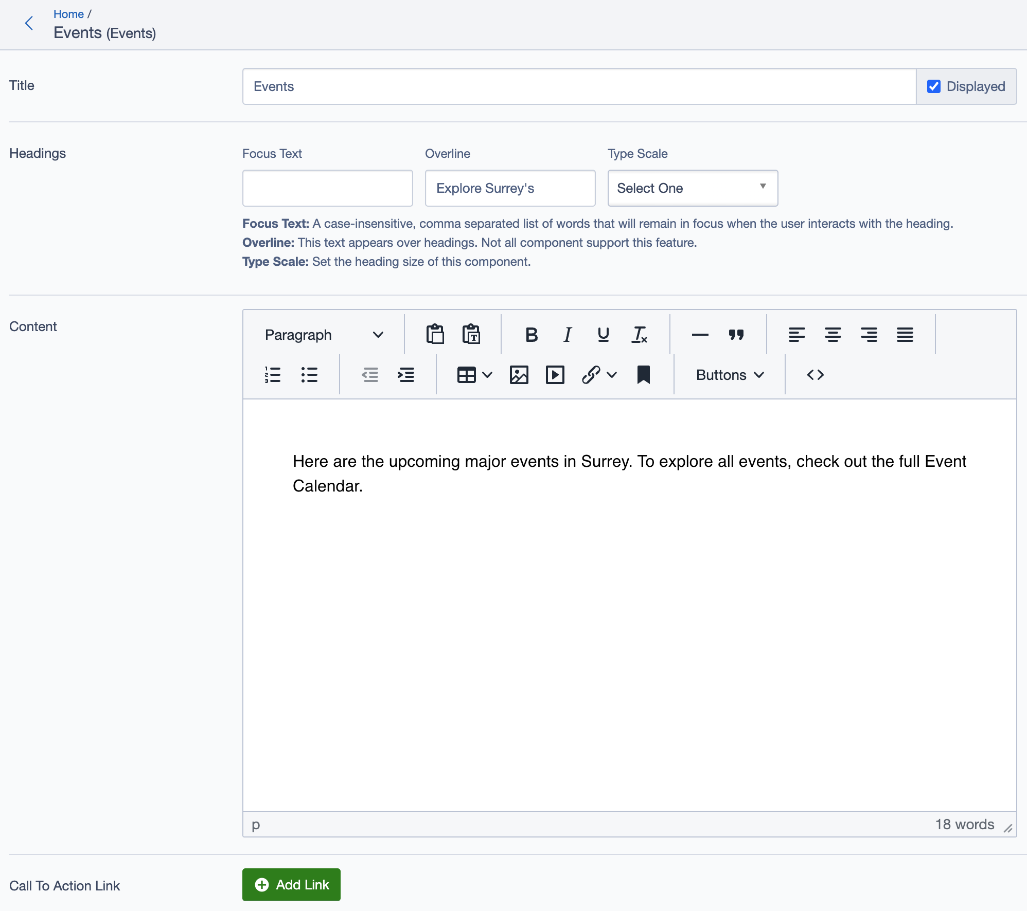 Events Content Setting