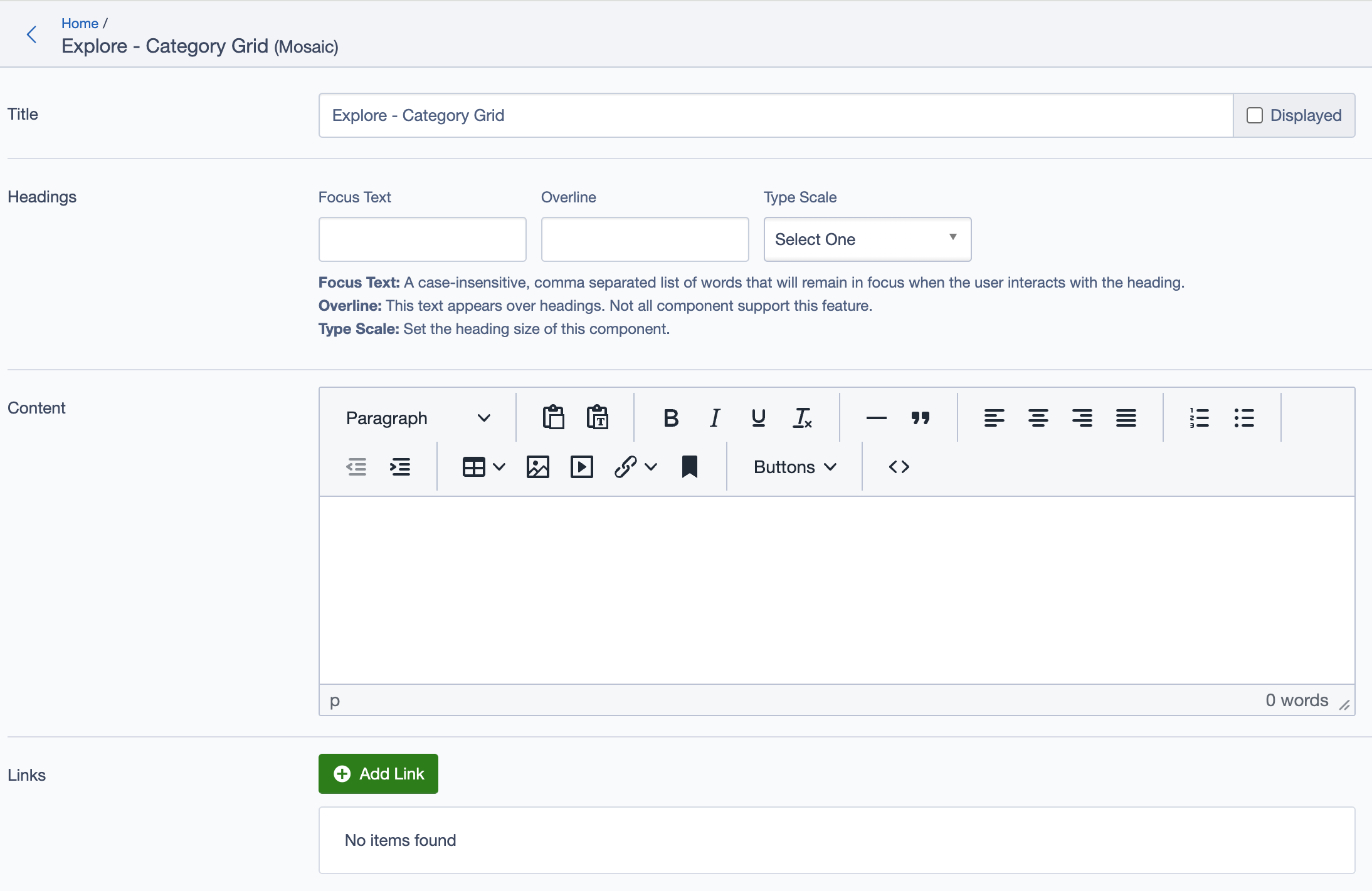Mosaic Block Content Settings